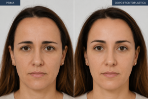 Frontoplastica prima e dopo con rimodellamento della fronte, miglioramento delle proporzioni del volto e armonizzazione naturale dello sguardo